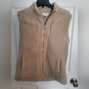 Calvin Klein Beige Fleece Vest Zip-Up Stand Collar
